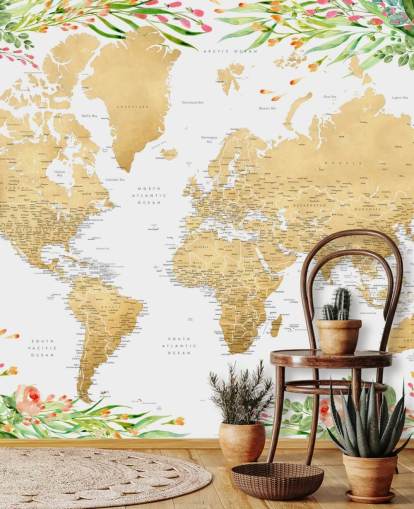 pink and green greenery framing a world map wallpaper