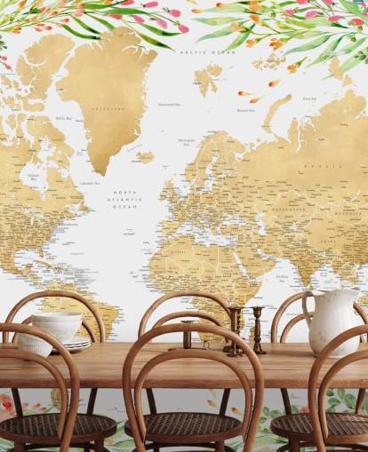 pink and green greenery framing a world map wallpaper