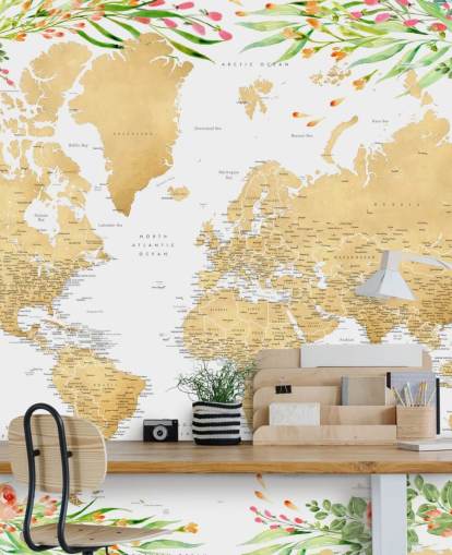 pink and green greenery framing a world map wallpaper