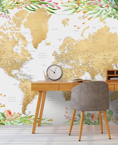 pink and green greenery framing a world map wallpaper