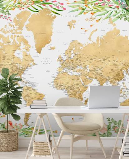 vegetação rosa e verde emoldurando um papel de parede do mapa do mundo