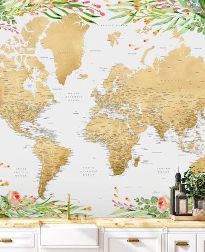 pink and green greenery framing a world map wallpaper