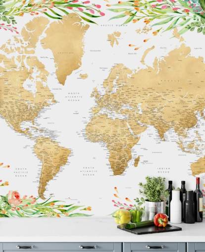 vegetação rosa e verde emoldurando um papel de parede do mapa do mundo