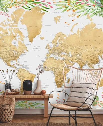 pink and green greenery framing a world map wallpaper