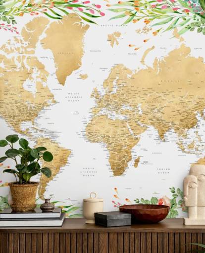 verdure rose et vert encadrant une carte du monde papier peint