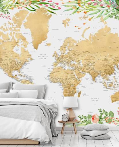 pink and green greenery framing a world map wallpaper