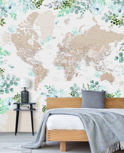 grønn og blå floral ramme rundt verdenskart tapet