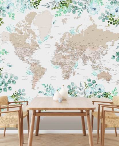 groen en blauw bloemenframe rond wereldkaart behang