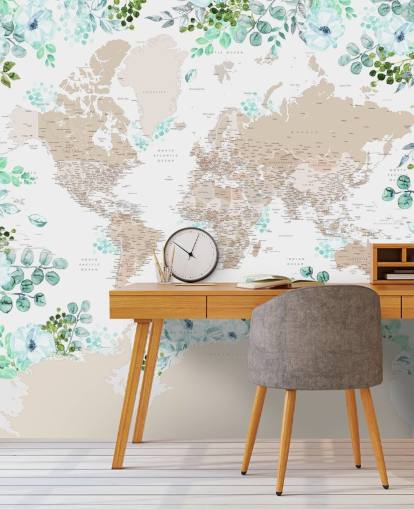 green and blue floral frame around world map wallpaper