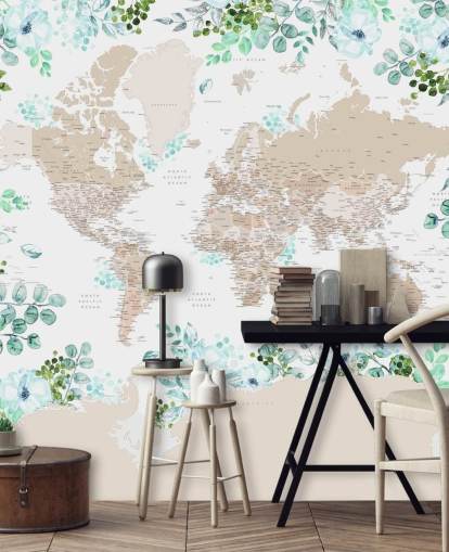 marco floral verde y azul alrededor del fondo de pantalla del mapa del mundo