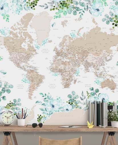 cadre floral vert et bleu autour du papier peint carte du monde