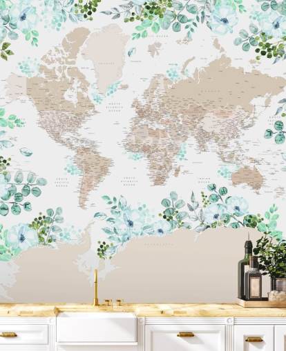 groen en blauw bloemenframe rond wereldkaart behang