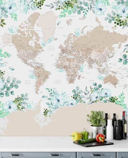 cornice floreale verde e blu intorno alla carta da parati mappa del mondo