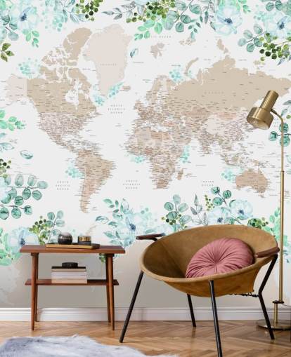 green and blue floral frame around world map wallpaper
