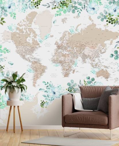 marco floral verde y azul alrededor del fondo de pantalla del mapa del mundo