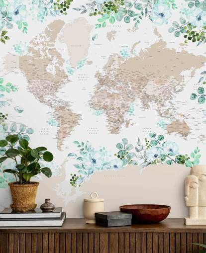 marco floral verde y azul alrededor del fondo de pantalla del mapa del mundo