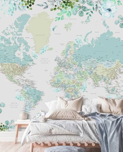 carta da parati floreale acquerello mappa del mondo blu e verde carta da parati floreale acquerello mappa del mondo blu e verde
