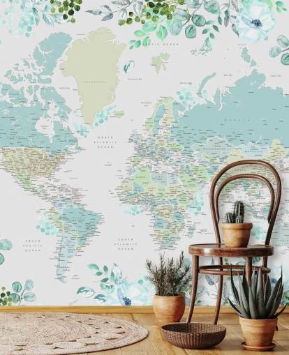 papel pintado de mapa del mundo de acuarela floral azul y verde