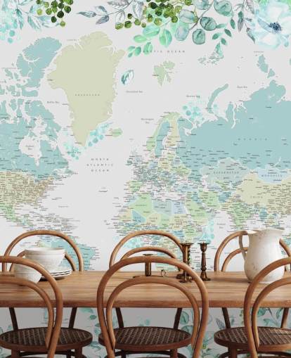 blue and green floral watercolour world map wallpaper