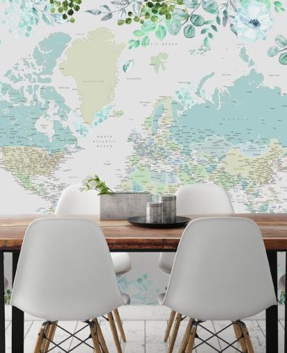 carta da parati floreale acquerello mappa del mondo blu e verde