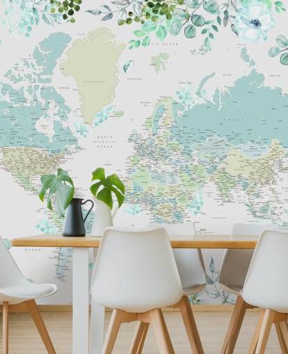 papel de parede do mapa do mundo de aquarela floral azul e verde papel de parede do mapa do mundo de aquarela floral azul e verde