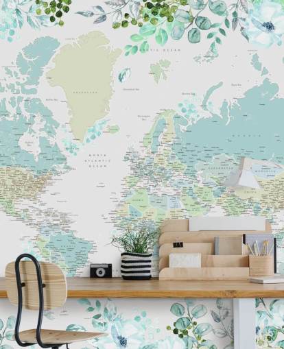 papel de parede do mapa do mundo de aquarela floral azul e verde papel de parede do mapa do mundo de aquarela floral azul e verde