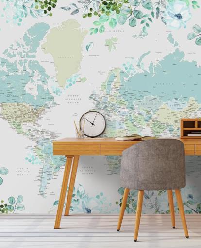 blue and green floral watercolour world map wallpaper