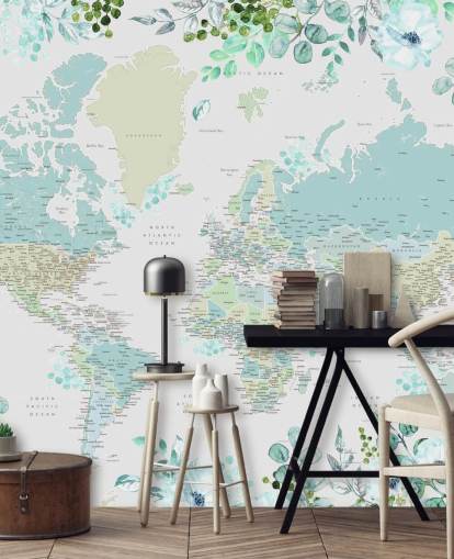 carta da parati floreale acquerello mappa del mondo blu e verde carta da parati floreale acquerello mappa del mondo blu e verde