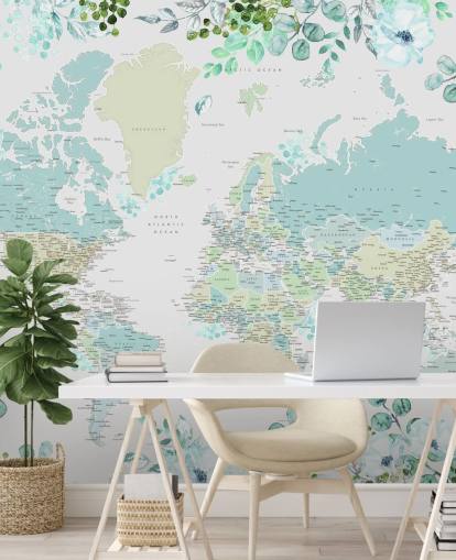 blauw en groen bloemen aquarel wereldkaart behang