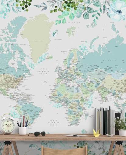 carta da parati floreale acquerello mappa del mondo blu e verde