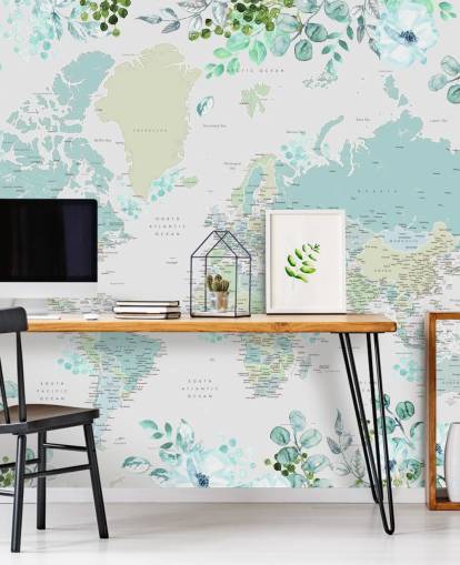 carta da parati floreale acquerello mappa del mondo blu e verde