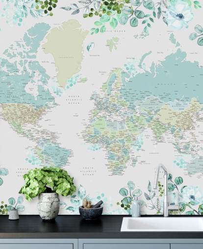 papel pintado de mapa del mundo de acuarela floral azul y verde