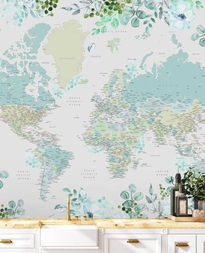 blue and green floral watercolour world map wallpaper blue and green floral watercolour world map wallpaper