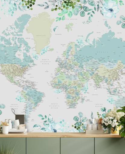 carta da parati floreale acquerello mappa del mondo blu e verde