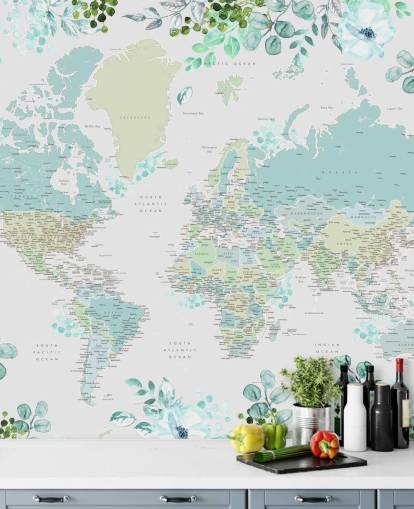 blue and green floral watercolour world map wallpaper