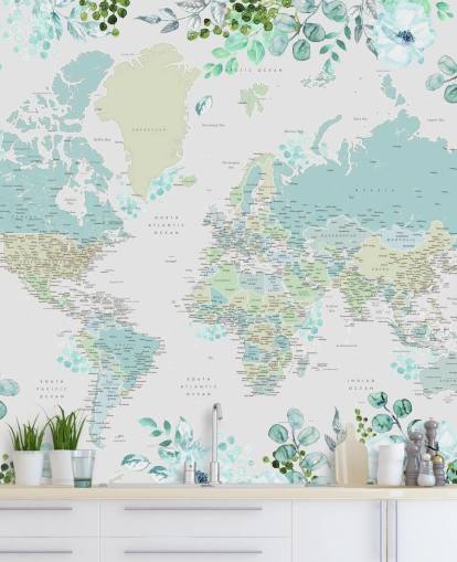 papel de parede do mapa do mundo de aquarela floral azul e verde