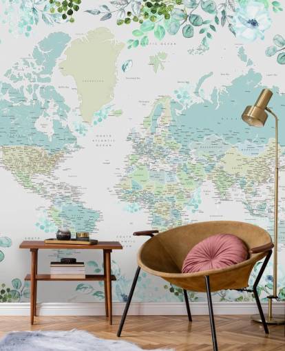 blue and green floral watercolour world map wallpaper