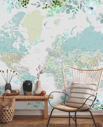 blue and green floral watercolour world map wallpaper