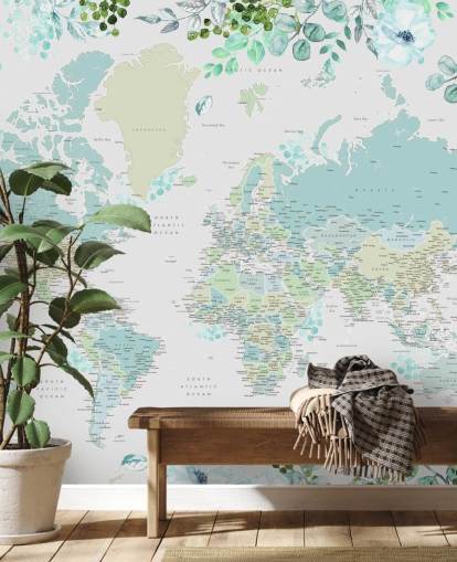 blue and green floral watercolour world map wallpaper