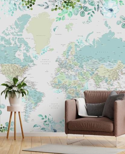 papier peint carte du monde aquarelle florale bleu et vert