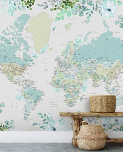 papel pintado de mapa del mundo de acuarela floral azul y verde papel pintado de mapa del mundo de acuarela floral azul y verde