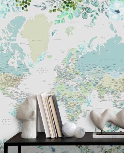 papel de parede do mapa do mundo de aquarela floral azul e verde papel de parede do mapa do mundo de aquarela floral azul e verde