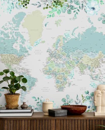 blue and green floral watercolour world map wallpaper