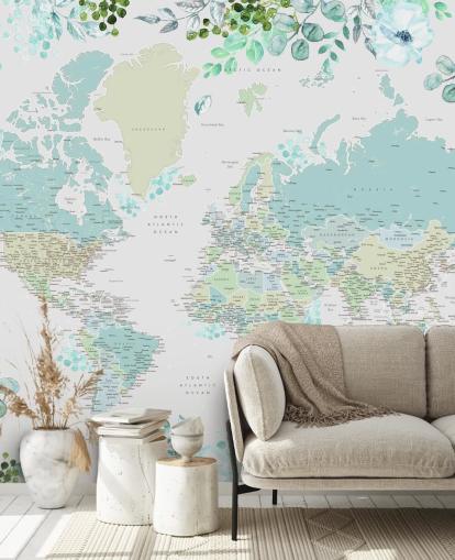 papel pintado de mapa del mundo de acuarela floral azul y verde