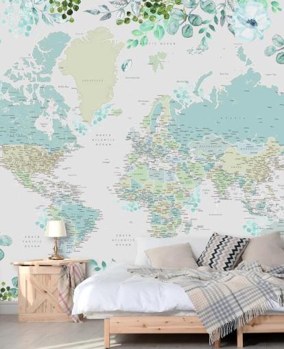 papel pintado de mapa del mundo de acuarela floral azul y verde
