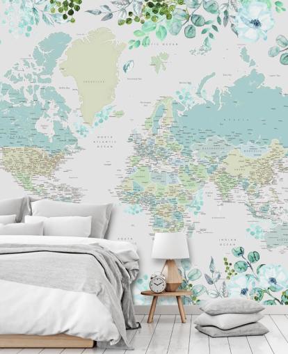 blue and green floral watercolour world map wallpaper