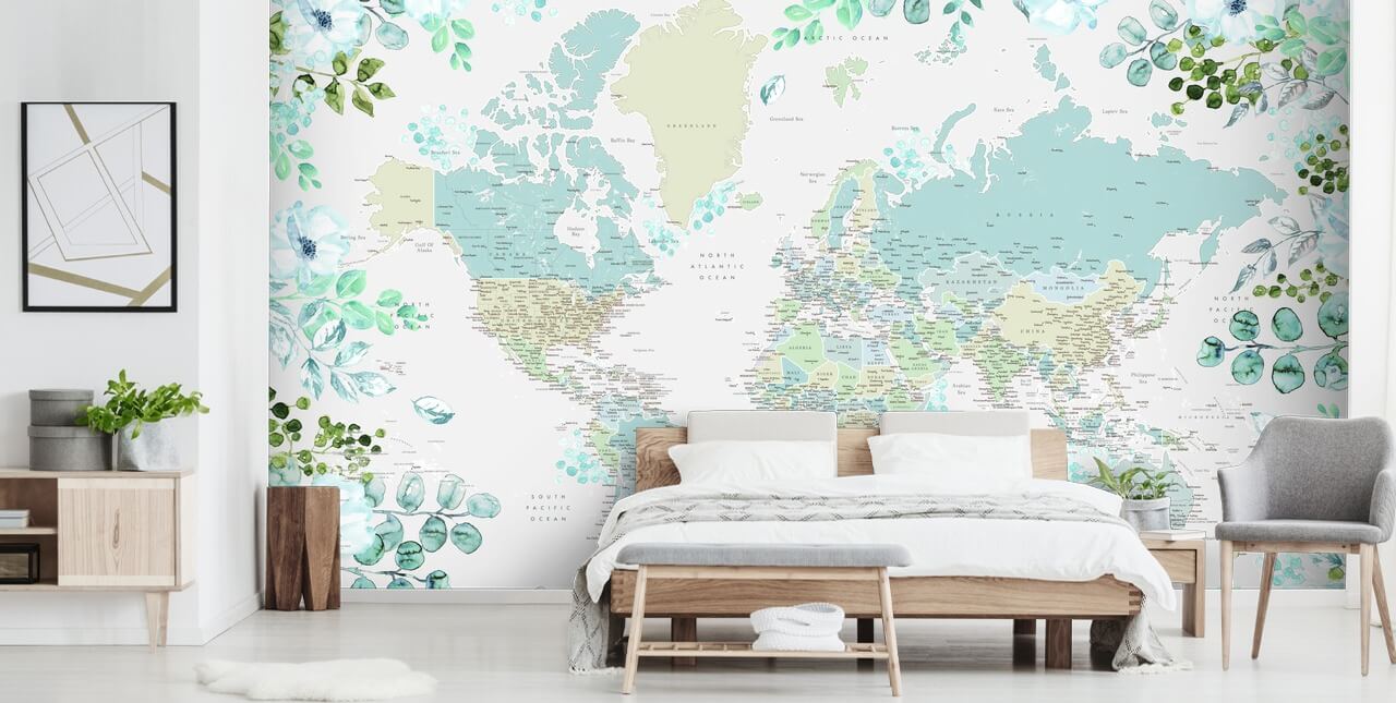 blå och grön blommig akvarell världskarta tapet