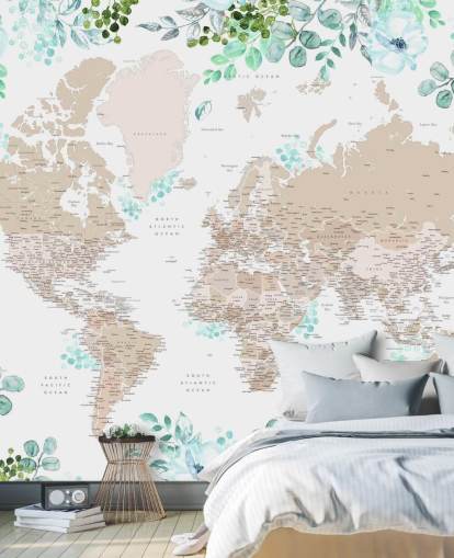 beige and brown world map surrounded by greenery frame wallpaper