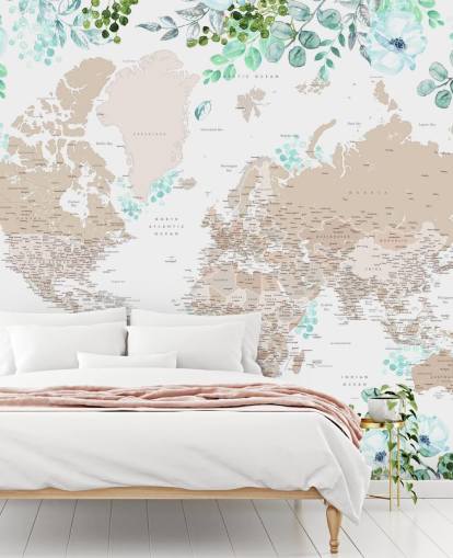 papel pintado con marco de mapa del mundo de color beige y marrón rodeado de vegetación