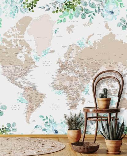 beige and brown world map surrounded by greenery frame wallpaper